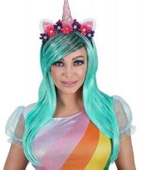 Perukas suaugusiems, vienaragis Widmann Fantasy Unicorn Wig & Headband, turkio/šviesiai mėlyna, Universalus