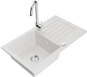 Plautuvė su virtuviniu maišytuvu Mexen Pablo, derva/granitas, 75.2 cm x 43.6 cm x 16.1 cm, balta