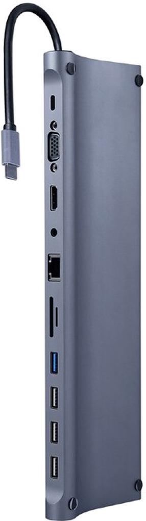 Adapteris Gembird USB-C - 4xUSB/SD/MicroSD/RJ-45/3.5mm/HDMI/VGA/USB-C USB-C male, 4xUSB/SD/MicroSD/RJ-45/3.5mm/HDMI/VGA/USB-C female, 0.15 m, pilka