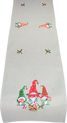 Kalėdinis stalo takelis stačiakampė Gnomes, raudona/smėlio/žalia, 40 x 160 cm