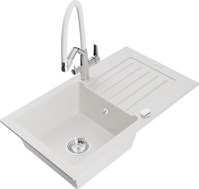 Plautuvė su virtuviniu maišytuvu Mexen Pablo, derva/granitas, 75.2 cm x 43.6 cm x 16.1 cm, balta