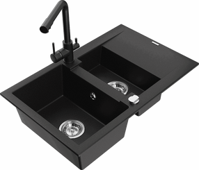Plautuvė su virtuviniu maišytuvu Mexen Gaspar, polirezinas/granitas, 73 cm x 47 cm x 17.7 cm, juoda