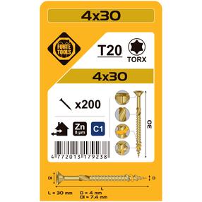 Medsraigtis, universalieji Forte Tools TX20, 4 x 30 mm, geltona, 200 vnt.