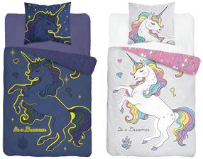 Patalynės užvalkalų komplektas Detexpol Glow In The Dark Unicorn PPE-73, baltas/rožinis/pilkas, 160 x 200 cm