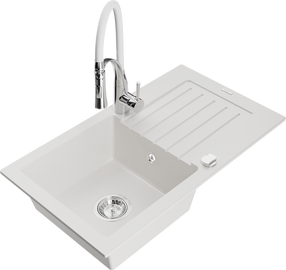 Plautuvė su virtuviniu maišytuvu Mexen Pablo White+White/Chrome, granitas, 75 cm x 43 cm x 16.1 cm, balta/chromo