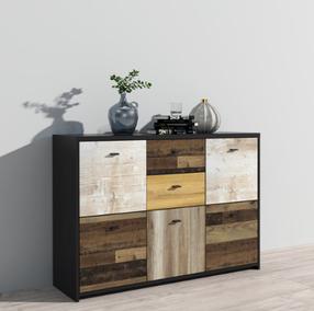 Komoda Forte Sanne SQNK233-C604, juoda/medžio, 30 cm x 114 cm x 77 cm