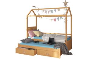 Vaikiška lova viengulė su ištraukiama papildoma lova ADRK Jonaszek, buko, 90 x 200 cm, su patalynės dėže, su čiužiniu