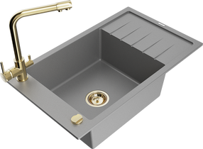 Plautuvė su virtuviniu maišytuvu Mexen Elias, polirezinas/granitas, 79 cm x 48 cm x 20 cm, aukso/pilka