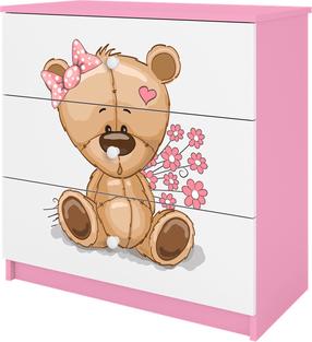 Komoda Kocot Kids Babydreams Teddybear Flowers, balta/rožinė, 80 cm x 41 cm x 80.5 cm