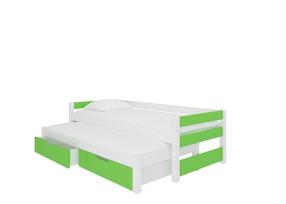 Vaikiška lova viengulė su ištraukiama papildoma lova ADRK Fraga, balta/žalia, 90 x 200 cm, su patalynės dėže, su čiužiniu
