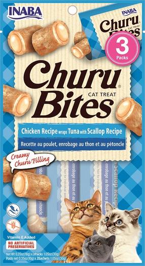 Skanėstas katėms Inaba Churu Cat Bites Chicken Tuna Scallop, vištiena/jūros gėrybės/tunas, 0.01 kg, 3 vnt.