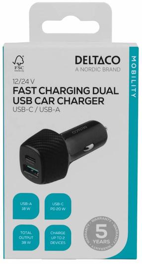 Auto telefona lādētājs Deltaco CAR120, USB Type C/USB Type A, melna krās., 36 W