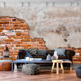Fototapeet Artgeist Eclectic Masonry - Slabs Of Textured Concrete On A Background Of Red Bricks, 210 cm x 300 cm