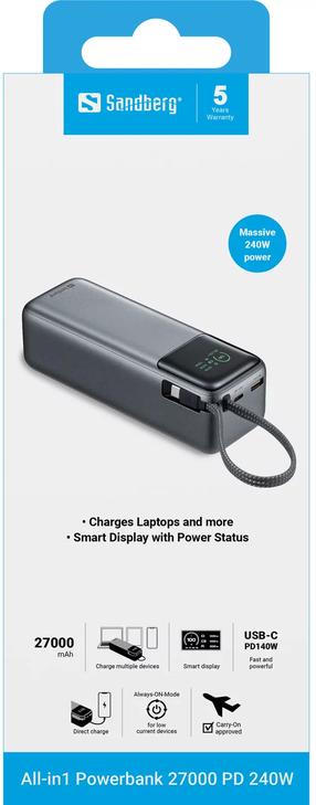 Lādētājs-akumulators (Power bank) Sandberg All-in-1, 27000 mAh, 240 W, zila krās./pelēka krās.