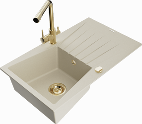 Plautuvė su virtuviniu maišytuvu Mexen Cesar, granitas, 77.5 cm x 47 cm x 20 cm, beige+gold sp.