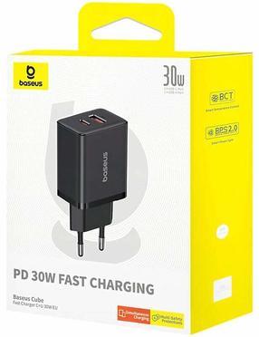 Telefono įkroviklis Baseus Cube, USB Type-C/1 x USB Type-A, juoda sp., 30 W
