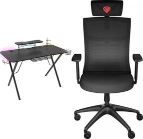 Kompiuterinių žaidimų stalo ir kėdės rinkinys reguliuojamo aukščio Genesis Holm 300 RGB + Astat 200 G2, 120 cm x 60 cm, 75 cm, juoda sp.