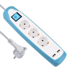 Pagarinātājs Electraline, 3 x 1 mm², 2 m, 3 ligzdas, ar slēdzi, balta krās./gaiši zila krās.