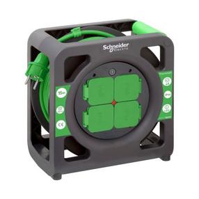 Pagarinātājs ar spoli Schneider Electric IP44, 3 x 1,5 mm², 15 m, IP44, 4 ligzdas, melna krās./zaļa krās.