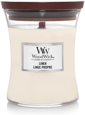 Svece, aromātiskā WoodWick Linen, 30 h, 85 g, balta krās.