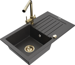Virtuvinė plautuvė Mexen Pablo 6510751010-76+671600-50+66911-50, granitas, 75 cm x 43 cm x 16.1 cm, black granite+gold sp.