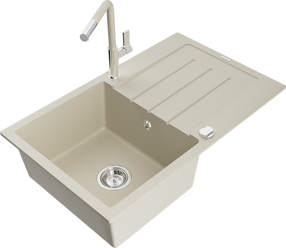 Plautuvė su virtuviniu maišytuvu Mexen Bruno Beige+Beige/Chrome, granitas, 79 cm x 49 cm x 20 cm, ruda sp./chromo sp.