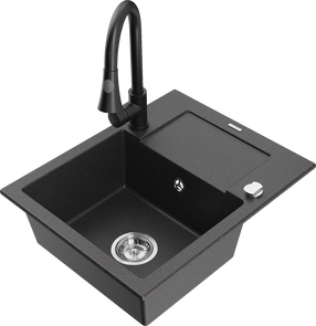 Plautuvė su virtuviniu maišytuvu Mexen Enzo Black granite+Black, granitas, 57 cm x 46 cm x 17.4 cm, black granite+black sp.
