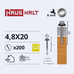 Саморез Haushalt DIN 7504K, 4.8 мм x 20 мм, 200 шт.