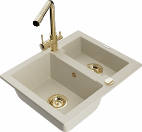 Кухонный умывальник с кухонным смесителем Mexen Carlos Beige+Gold, гранит, 58 см x 47 см x 17.7 см, beige+gold цв.