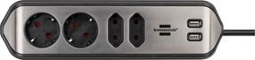 Pikendusjuhe Brennenstuhl, 3 x 1,5 mm², 2 m, 4 pesa, 2USB, hõbe v./must v.