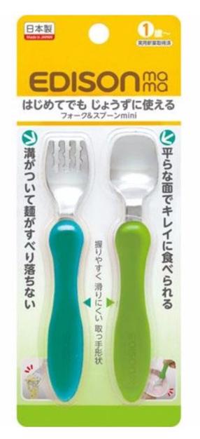 Столовые приборы Edison Mama Mini Fork & Spoon, 12 лет, нержавеющая сталь/полипропилен (pp), синий цв./зеленый цв.