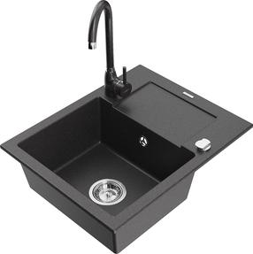 Plautuvė su virtuviniu maišytuvu Mexen Enzo Black granite, derva/granitas, 57 cm x 46 cm x 17.4 cm, black granite col.