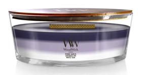 Svece, aromātiskā WoodWick Ellipse Trilogy Evening Luxe, 40 h, 453.6 g, balta krās./violeta krās.