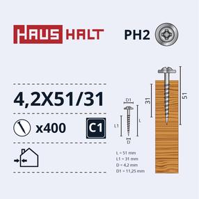 Isekeermestavad kruvid Haushalt DIN 14566, 4.2 mm x 51 mm, 400 tk