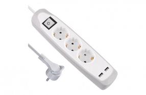Pagarinātājs Electraline, 3 x 1 mm², 2 m, 3 ligzdas, 2USB, ar slēdzi, balta krās./dzeltena krās.