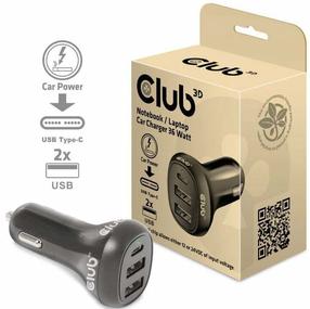 Automobilinis įkroviklis Club 3D CAC-1921, USB Type C/2 x USB Type A, 6.68 cm, juoda sp., 36 W