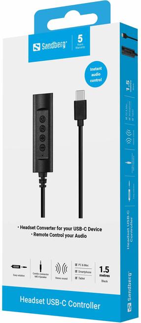 Adapteris Sandberg Headset USB-C Controller 136-73 USB Type-C Male (vyriška), Mini jack Female (moteriška), 1.5 m, juoda sp.