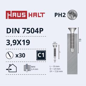 Pašvītņojošā skrūve Haushalt DIN 7504P, 3.9 mm x 19 mm, 30 gab.