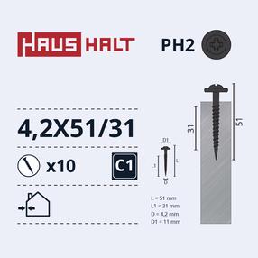 Pašvītņojošā skrūve Haushalt DIN 14566, 4.2 mm x 51 mm/31 mm, 10 gab.