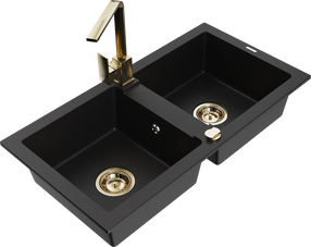 Кухонный умывальник с кухонным смесителем Mexen Mario Black+Gold, гранит, 82 см x 43 см x 16.1 см, золотой цв./черный цв.