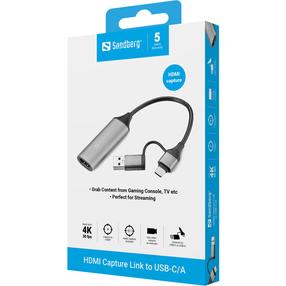 Adapteris Sandberg HDMI Capture Link to USB-C/A USB Type-C / USB Type-A, HDMI, 0.1 m, sudraba krās.
