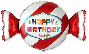 Balons ovāls Flexmetal Happy Birthday Sweet Candy, balta krās./sarkana krās.
