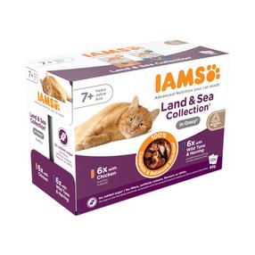 Šlapias kačių maistas IAMS Delights Senoir, vištiena/tunas/silkė, 0.085 kg, 12 vnt.