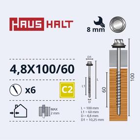 Pašvītņojošā skrūve Haushalt, 4.8 mm x 100 mm, 6 gab.