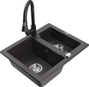 Plautuvė su virtuviniu maišytuvu Mexen Carlos Black granite+Black, granitas, 58 cm x 47 cm x 17.7 cm, black granite+black sp.