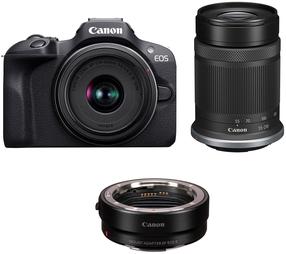 Bezspoguļa kamera Canon EOS R100/RF-S 18-45mm/RF-S 55-210mm + Adapter, melna krās.