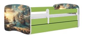 Bērnu gulta Kocot Kids Ship, balta krās./zaļa krās., 70 x 140 cm, ar nodalījumu gultas veļai, bez matrača