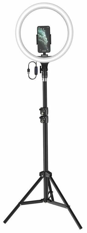 Gredzenu lampa ar telefona turētāju Mozos MLM-30RING, 5 V, 30 cm, melna krās.