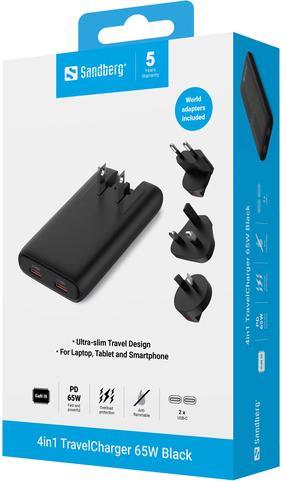 Дорожное зарядное устройство Sandberg 441-77, Europlug/UK Plug/2 x USB Type C, черный цв., 65 Вт
