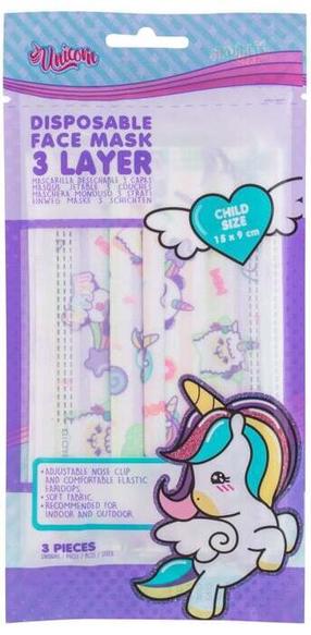 Ühekordne mask Unicorn Disposable Face Masks, valge v./mitmevärviline, 3 tk